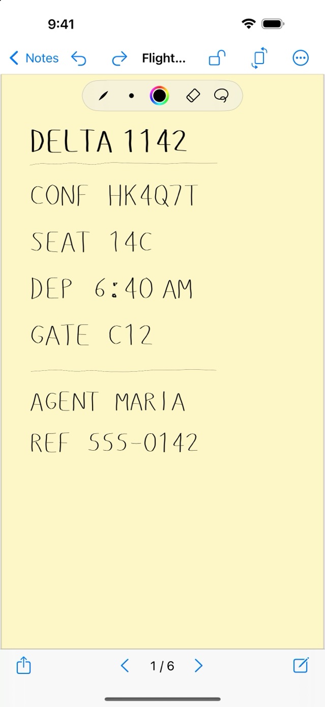 A handwritten page in the Jots editor holding flight details taken down over the phone — confirmation number, seat, departure time, gate, and a callback number
