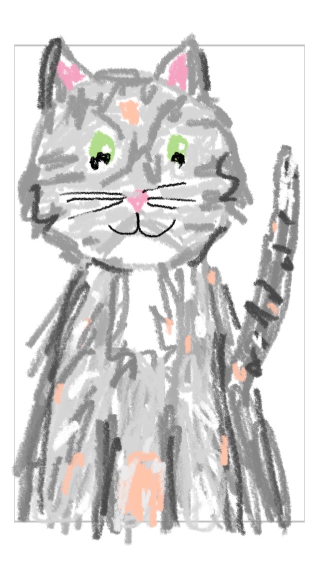A colored-pencil-style sketch of a gray tabby cat with pink ears, green eyes, and a raised paw, drawn finger-first in Jots